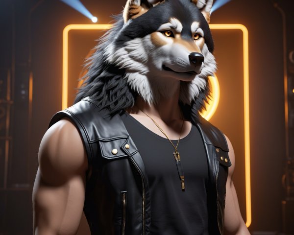Muscular Male Wolf Character in Futuristic Setting