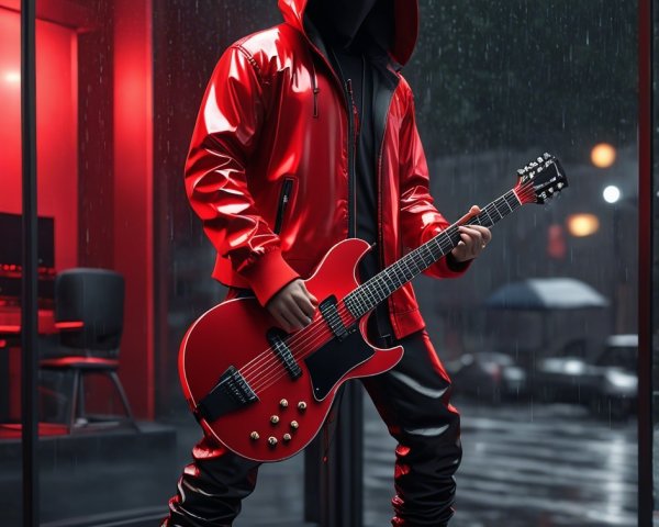 Masked Figure in Red Jacket Playing Guitar in Rainy City