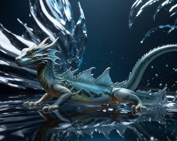 Blue and green scaly water dragon in reflective water
