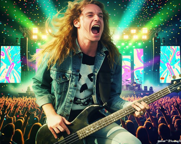 Man Playing Electric Bass Guitar on Bright Stage