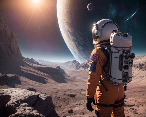 Astronaut Observing Martian Landscape with Celestial View