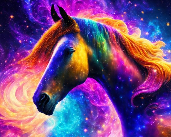 Celestial Horse with Rainbow Mane in Colorful Nebula