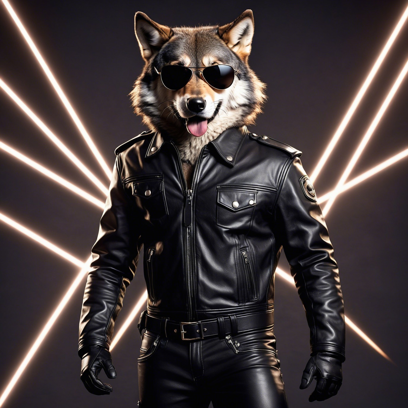 Dapper Wolf Portrait in Leather Jacket and Sunglasses