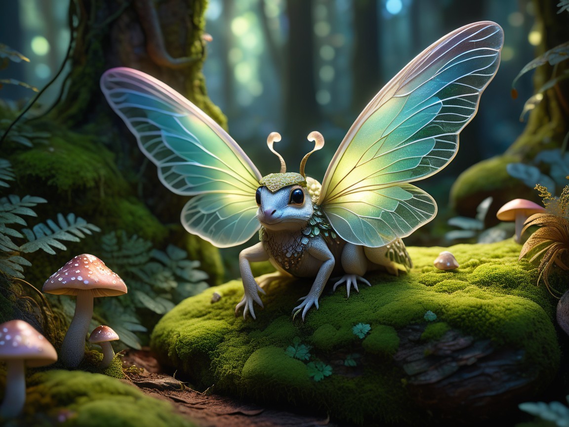Whimsical Creature with Frog and Insect Features in Moss