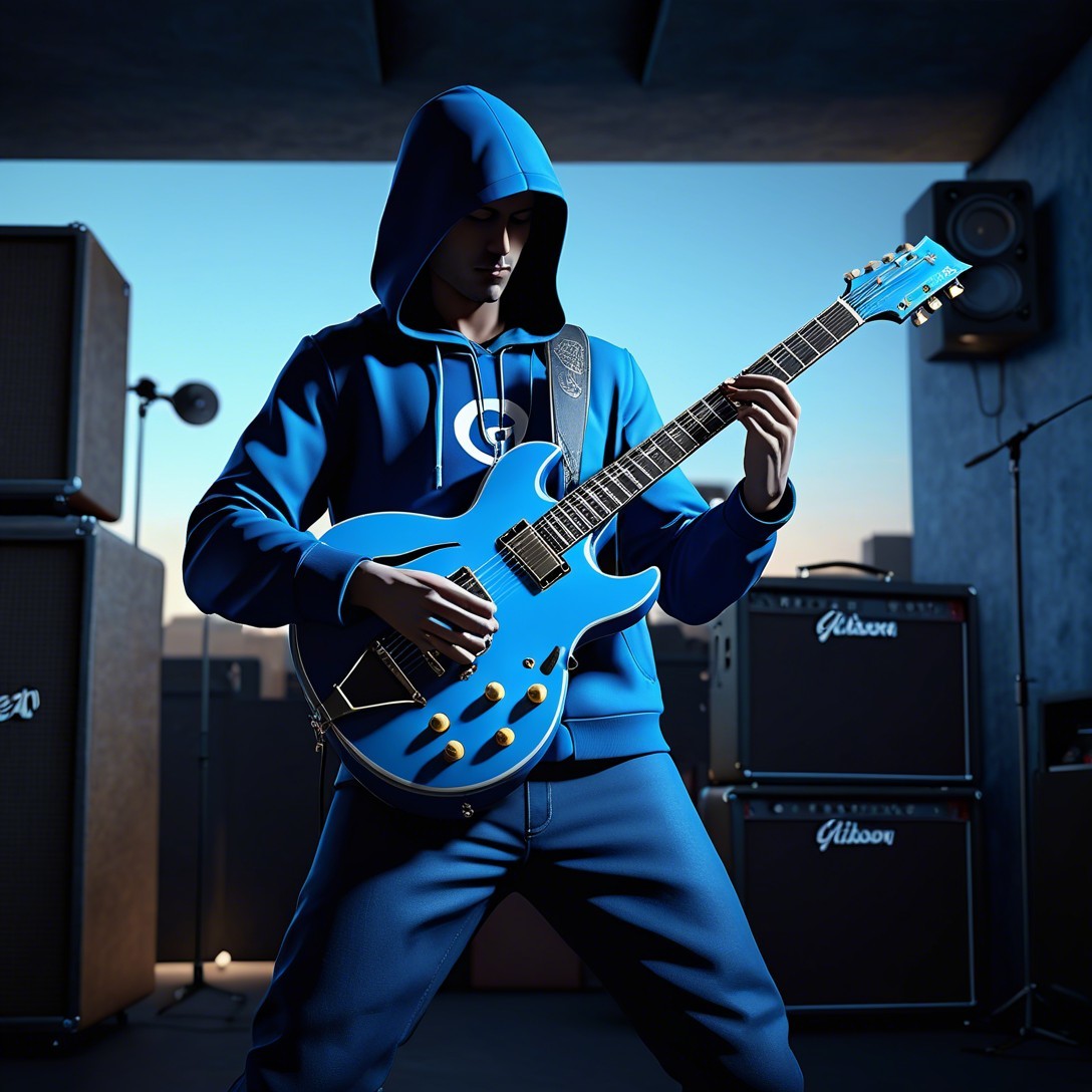 Man in Blue Outfit Playing Electric Guitar in Room