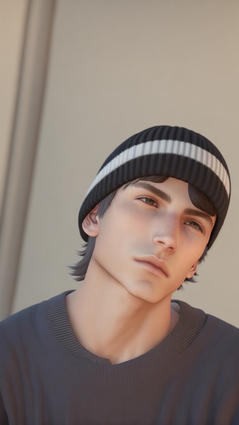 Young man in beanie and sweater in soft lighting
