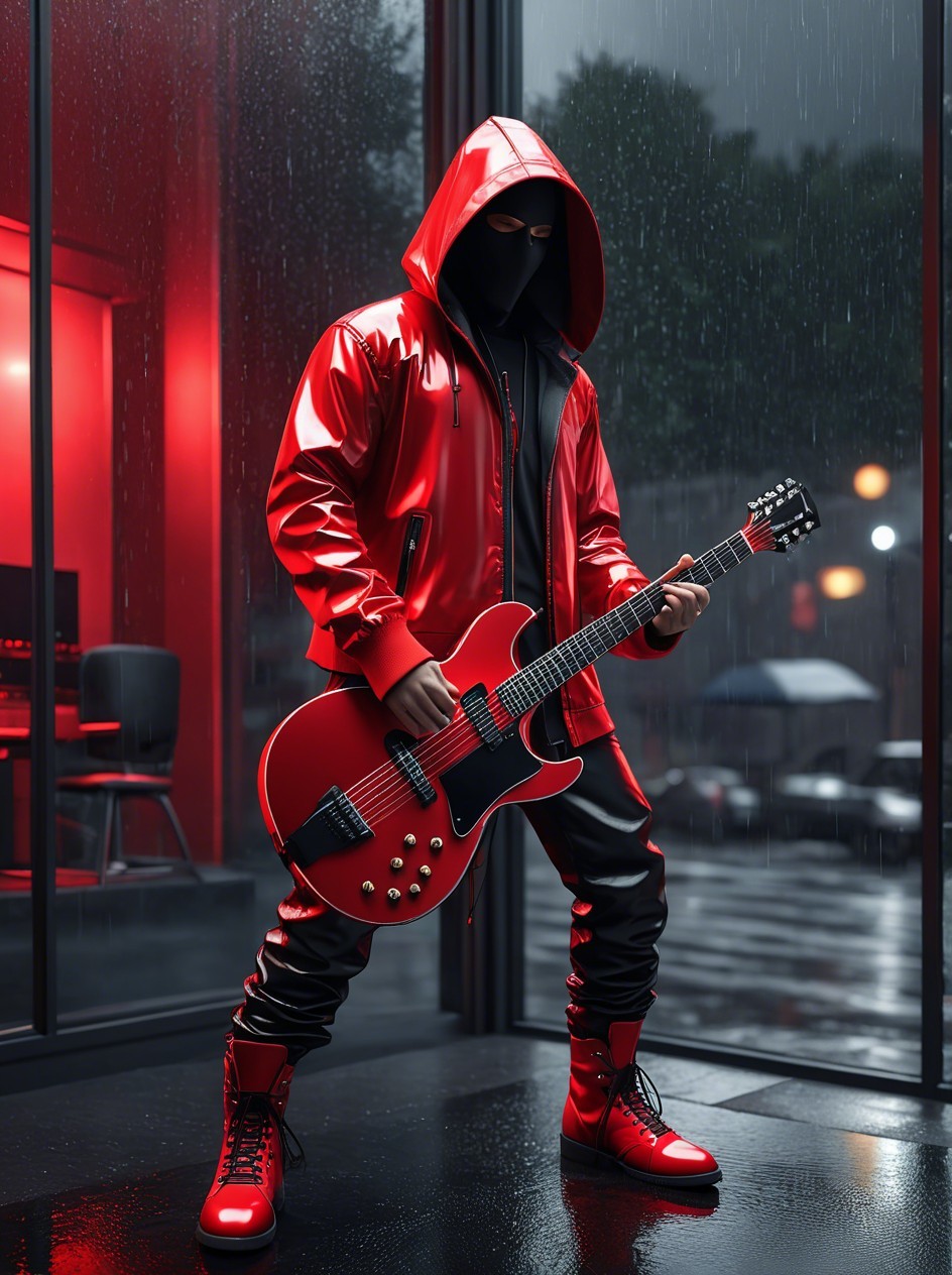 Masked Figure in Red Jacket Playing Guitar in Rainy City