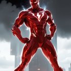 Futuristic superhero in armored suit with city skyline