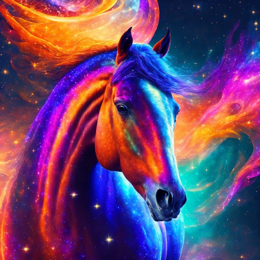 Mythical Horse with Galaxy Mane in Detailed Painting