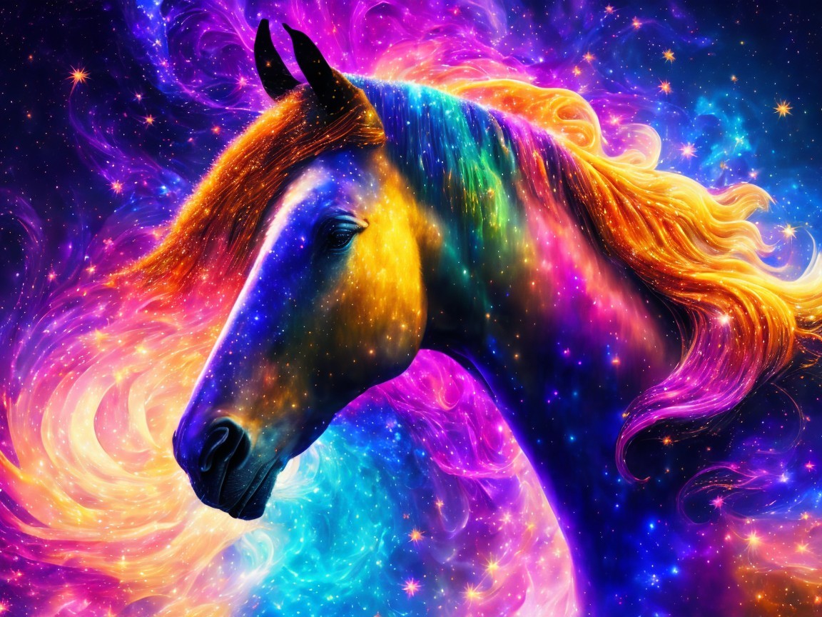 Celestial Horse with Rainbow Mane in Colorful Nebula