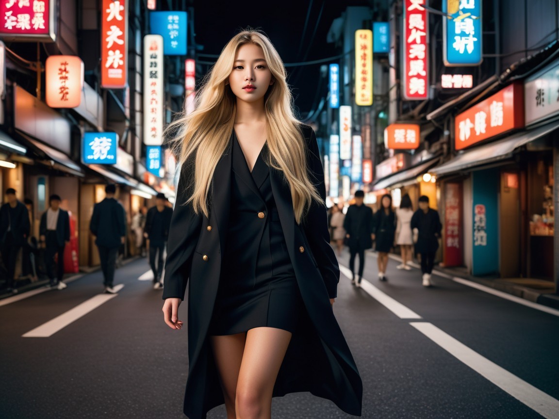 Stylish Woman in Chic Outfit on Bustling Urban Street