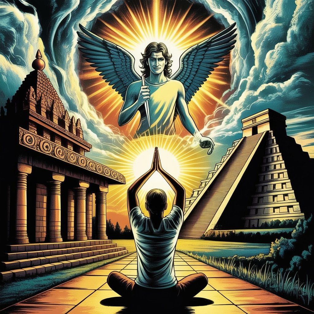 Kneeling Figure in Prayer with Angelic Being and Architecture