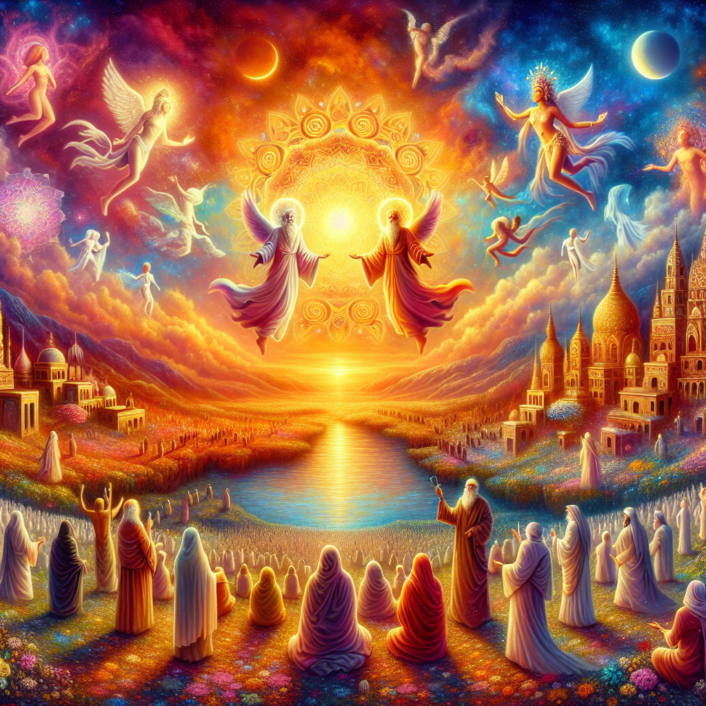 Ethereal Sunset Scene with Angelic Figures and Unity