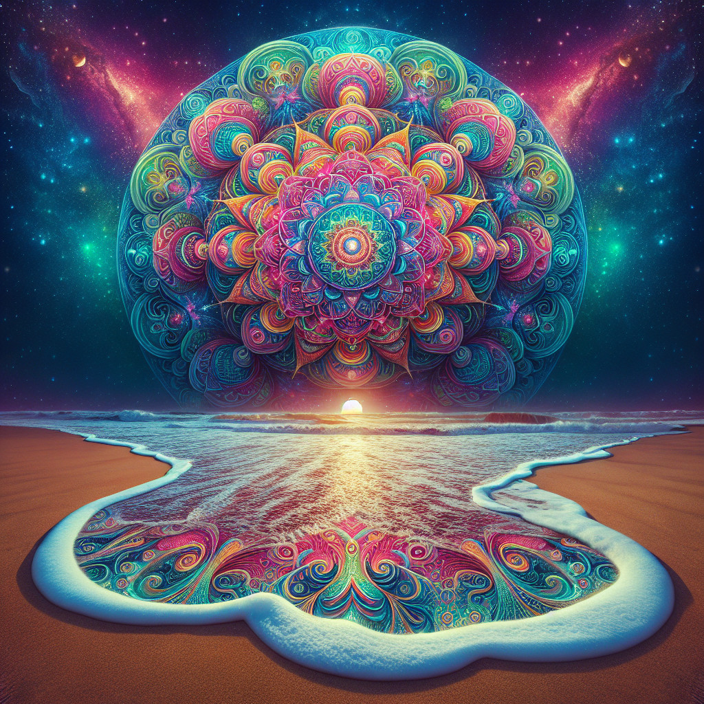 Psychedelic Mandala Over Ocean at Sunset