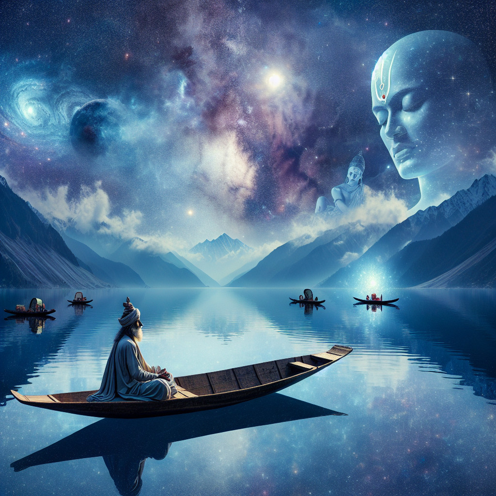 Tranquil Lake Scene with Cosmic Elements and Serenity