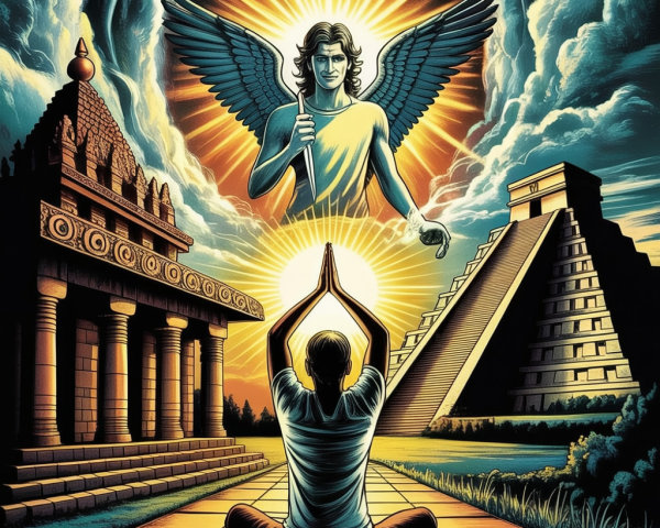 Kneeling Figure in Prayer with Angelic Being and Architecture