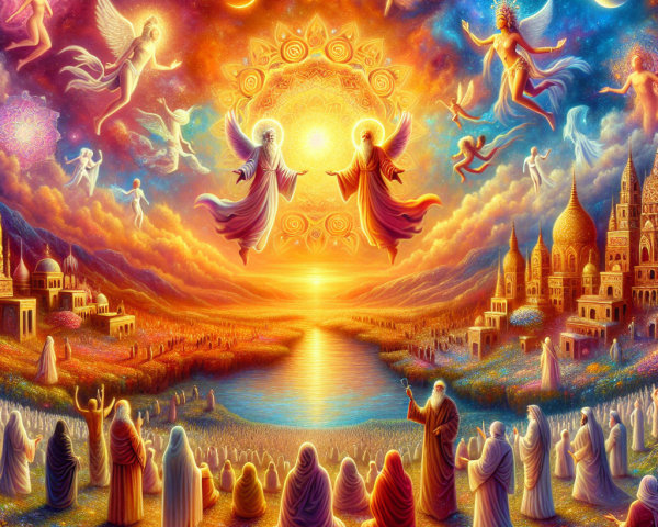 Ethereal Sunset Scene with Angelic Figures and Unity