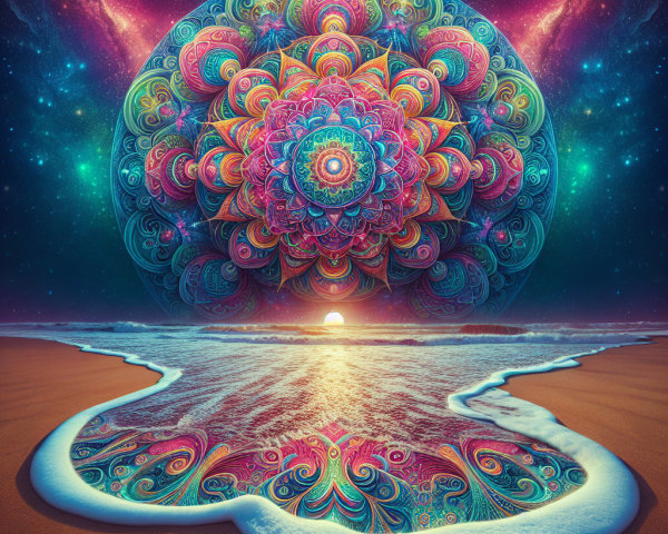 Psychedelic Mandala Over Ocean at Sunset