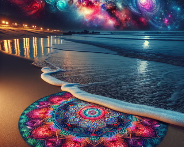 Mandala Pattern on Beach with Cosmic Night Sky