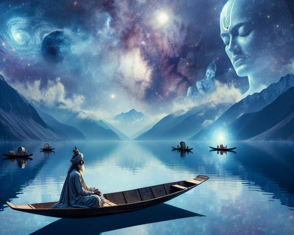 Tranquil Lake Scene with Cosmic Elements and Serenity