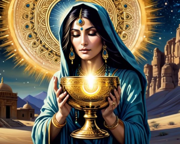 Serene Woman in Blue Robe with Golden Chalice in Desert