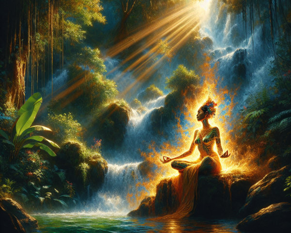 Meditation by a Waterfall in a Mystical Forest
