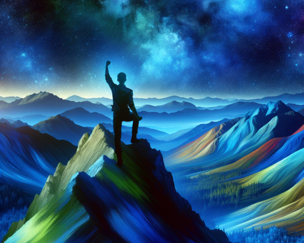 Silhouetted Figure on Mountain Peak Under Starry Sky