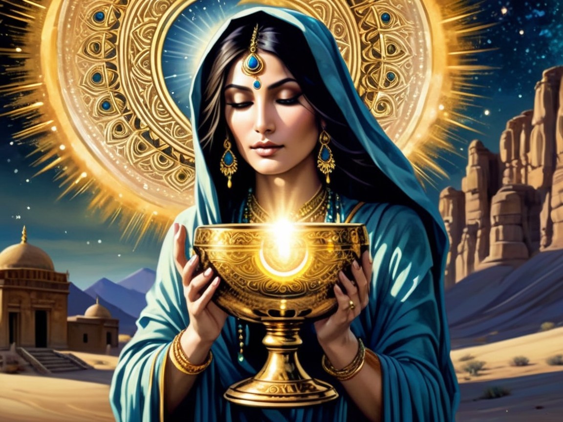 Serene Woman in Blue Robe with Golden Chalice in Desert