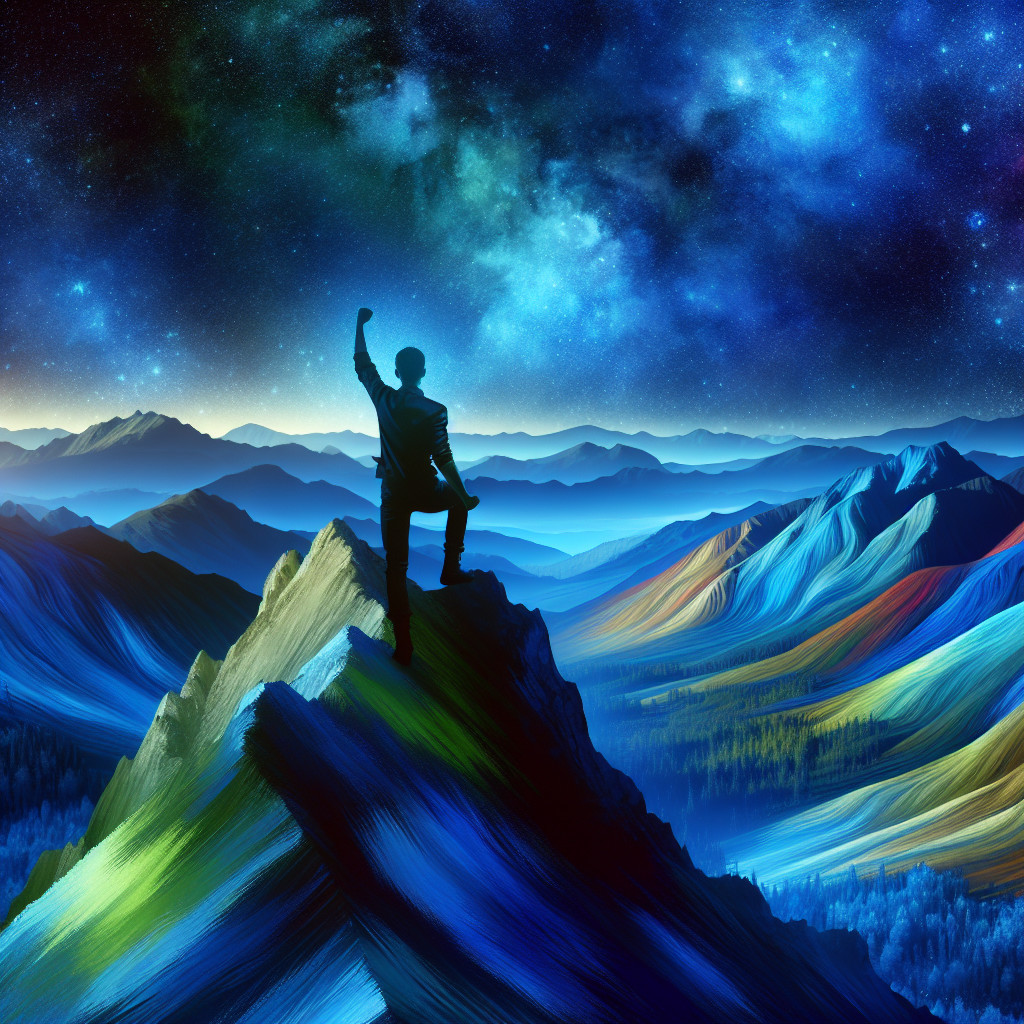 Silhouetted Figure on Mountain Peak Under Starry Sky