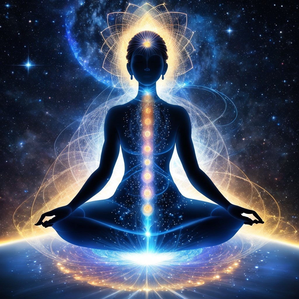 Meditative Figure Against Cosmic Starry Background