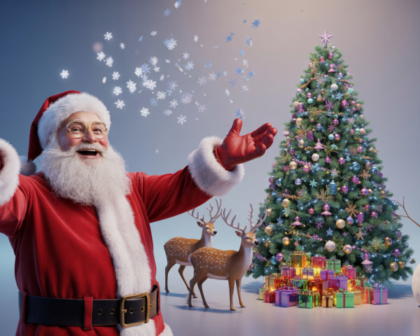 Vibrant Christmas Scene with Santa and Decorated Tree