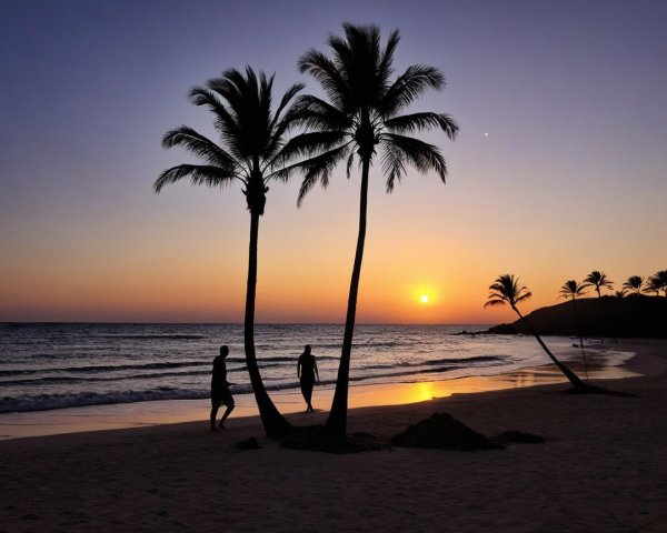 Serene Beach Sunset with Palm Trees and Figures