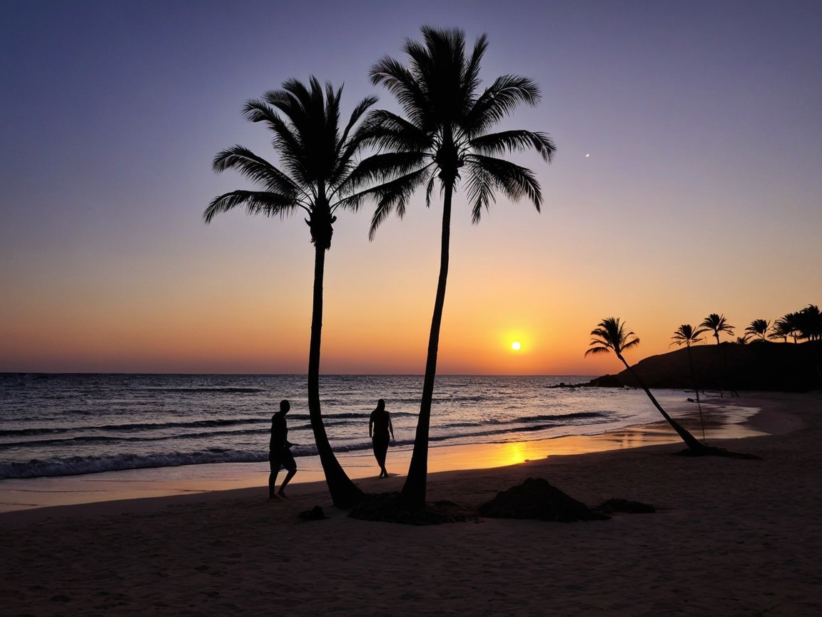 Serene Beach Sunset with Palm Trees and Figures