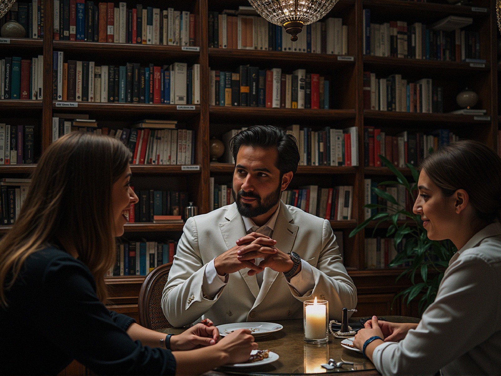 Cozy Study Scene with Three Individuals in Discussion