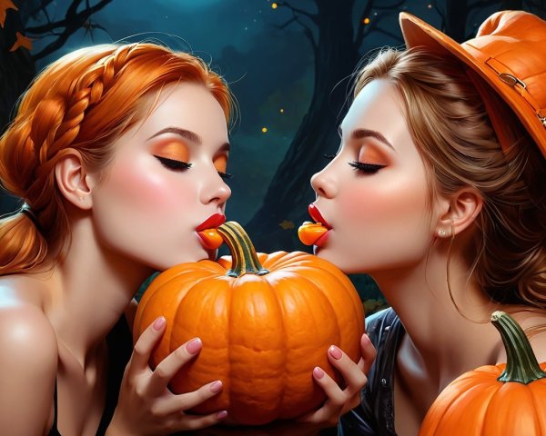 Autumn Scene of Two Women with Pumpkins in Nature