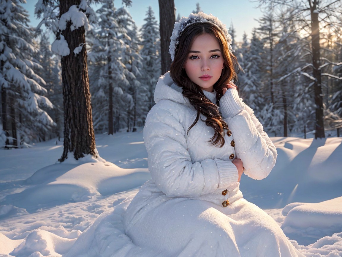 Young woman in a snowy landscape with tall trees