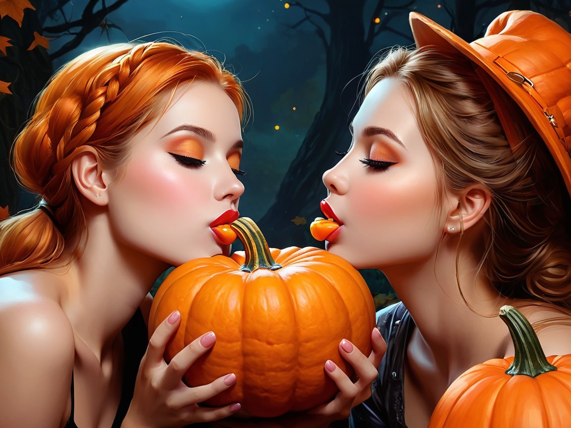 Autumn Scene of Two Women with Pumpkins in Nature