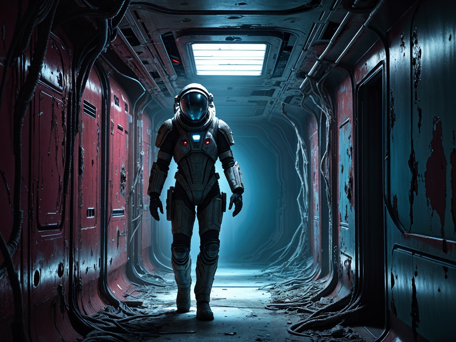 Lone Astronaut in Futuristic Industrial Spacecraft Corridor