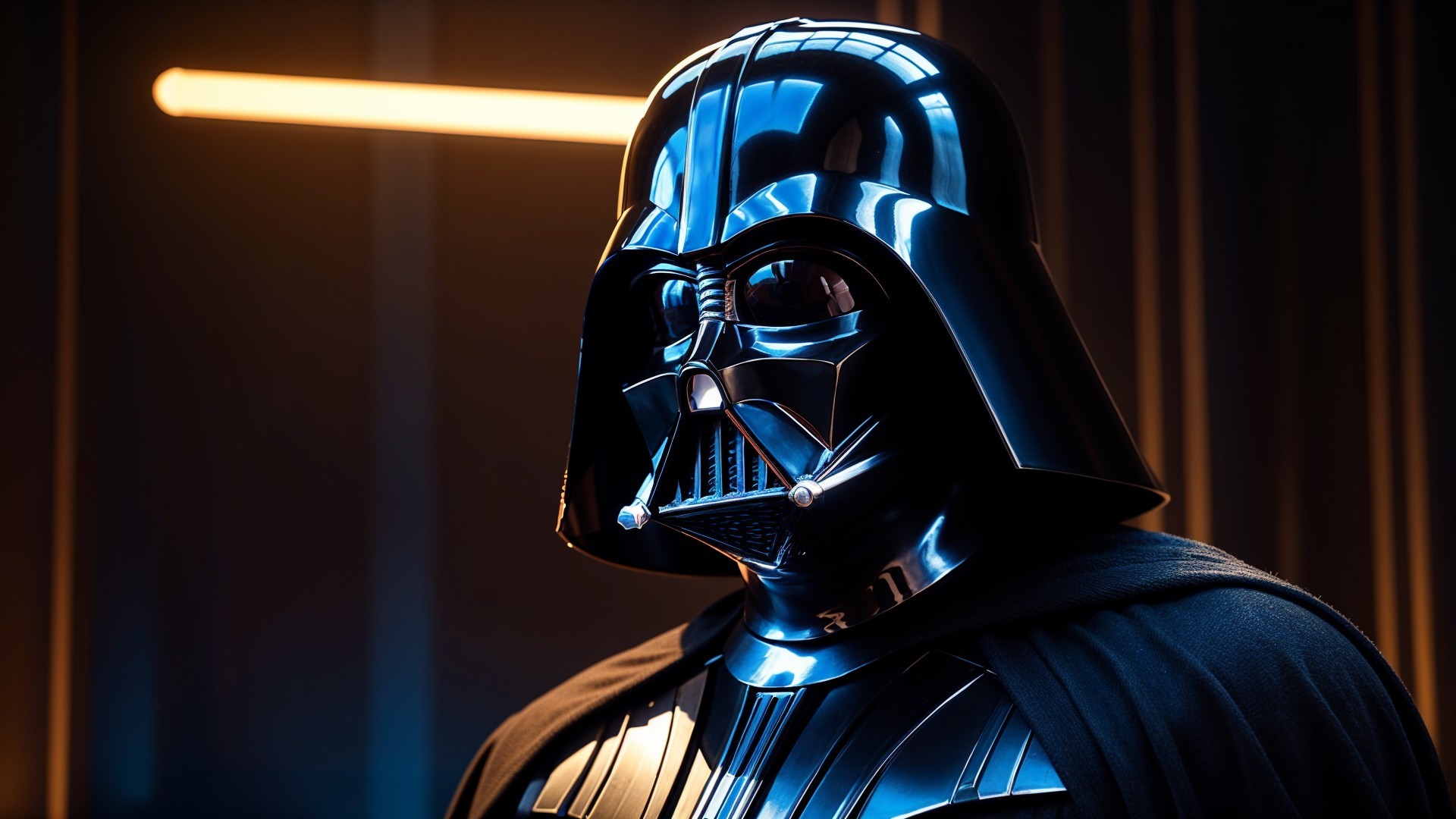 Tall figure in black armor with a dark cape