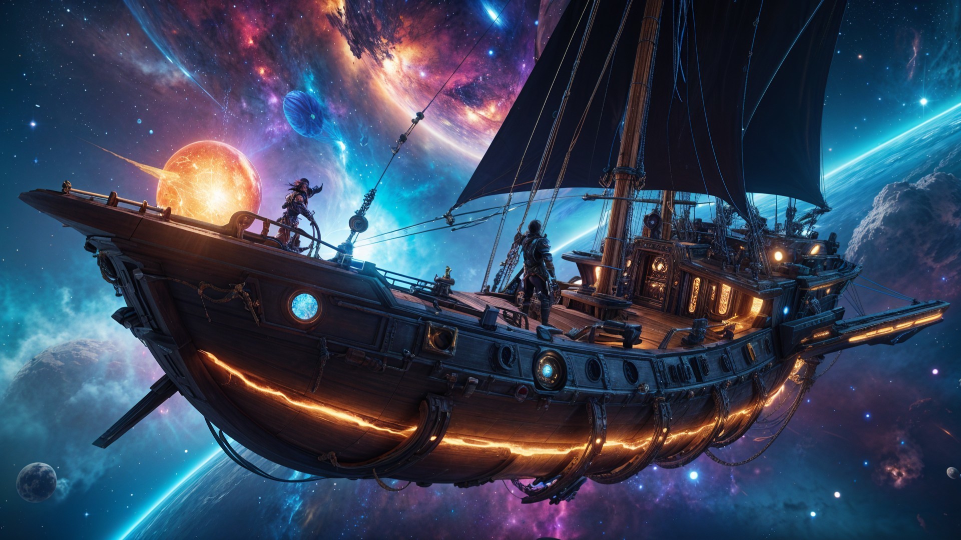 Wooden Ship in Vibrant Cosmic Scene with Galaxies