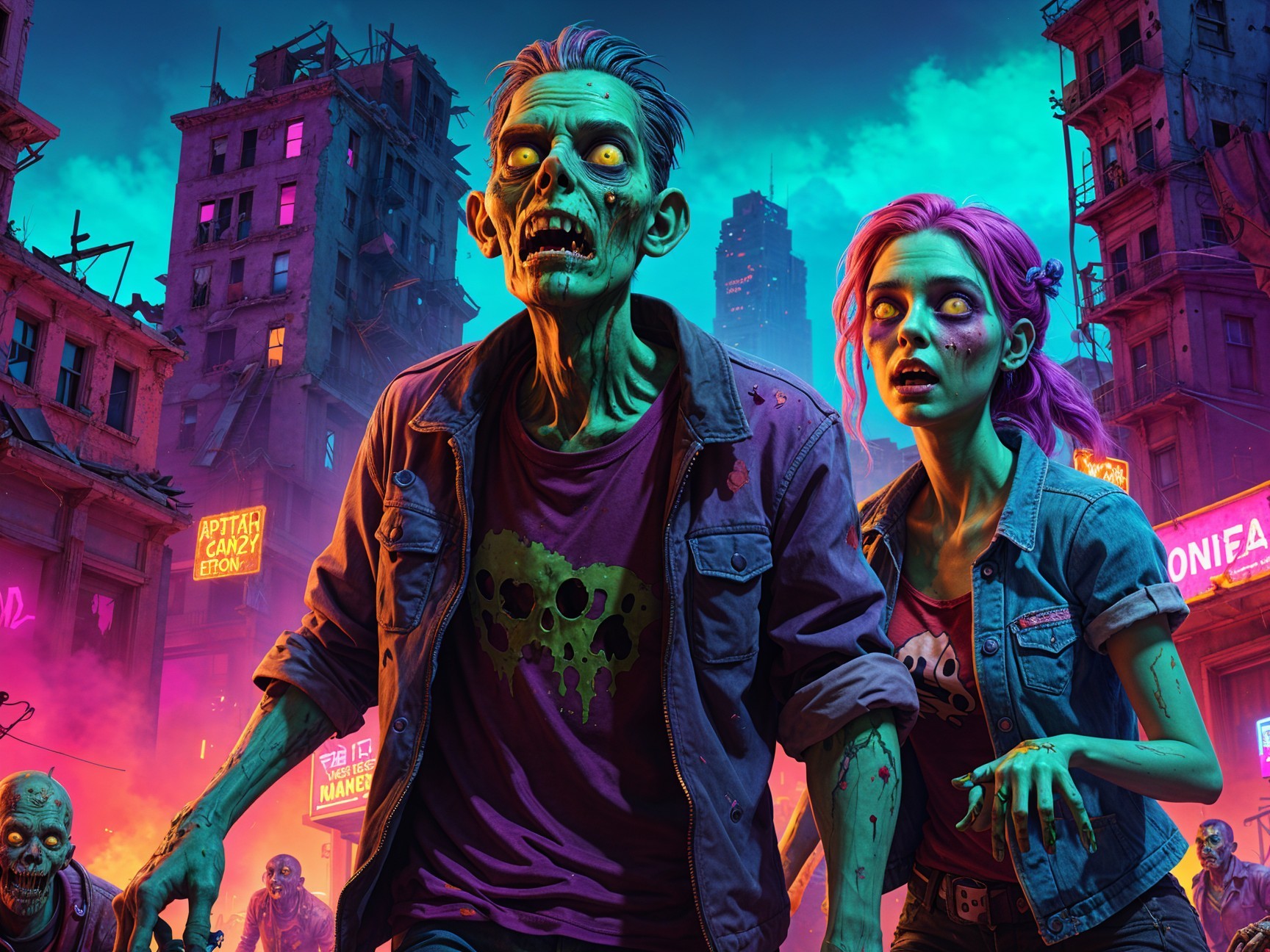 Neon-Lit Urban Scene with Two Distinct Zombies