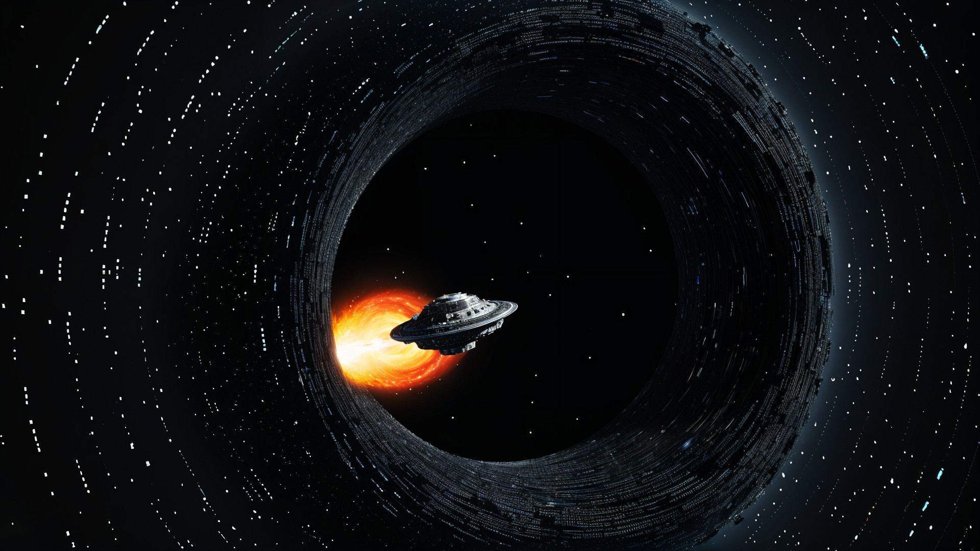 Sleek Spaceship Near Black Hole with Starry Background