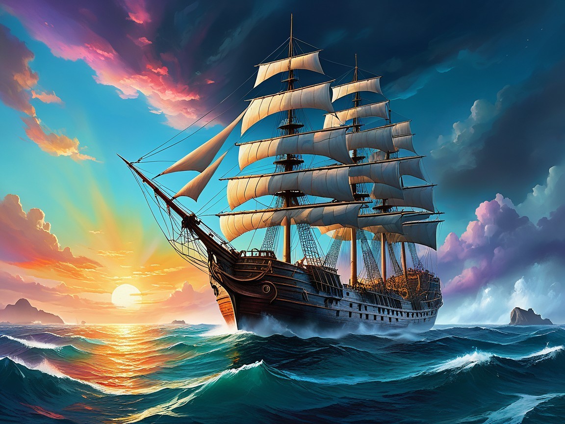 Tall Ship Sailing at Sunset Over Vibrant Seas