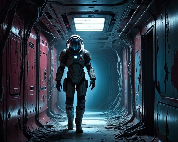 Lone Astronaut in Futuristic Industrial Spacecraft Corridor