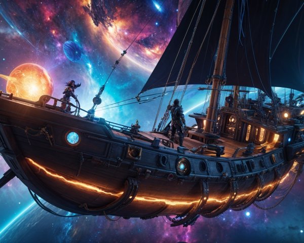 Wooden Ship in Vibrant Cosmic Scene with Galaxies