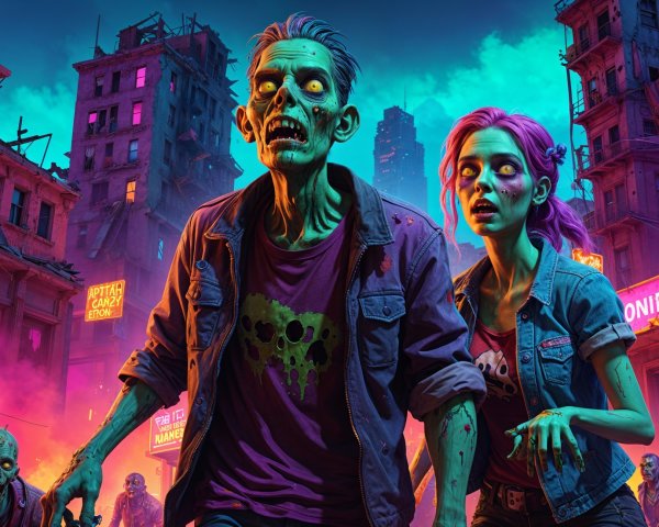 Neon-Lit Urban Scene with Two Distinct Zombies