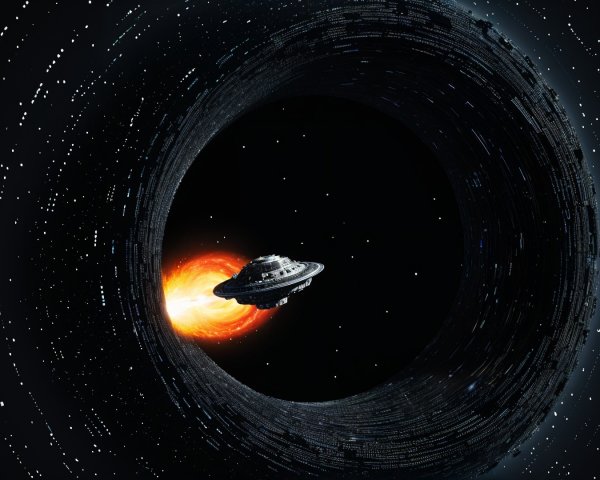 Sleek Spaceship Near Black Hole with Starry Background