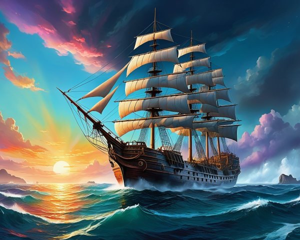 Tall Ship Sailing at Sunset Over Vibrant Seas