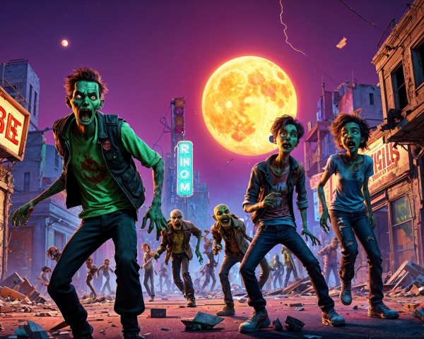 Young Zombies in a Post-Apocalyptic Cityscape