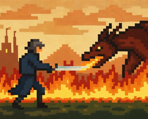Pixel Art Scene of Soldier vs. Dragon in Fire